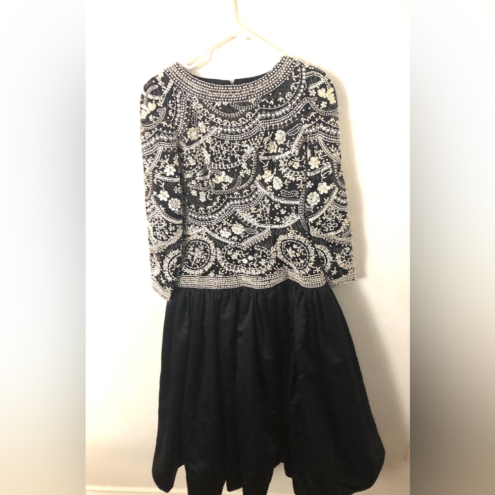 Oleg Cassini Black and White Pearl Embellished Dress